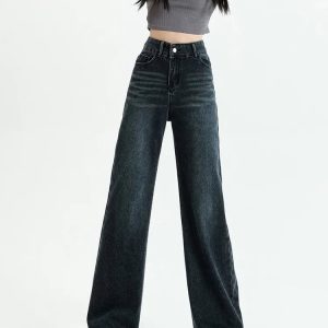 Y2K Dark Wash Straight Leg Denim Jeans - Grunge Aesthetic & Cute Tops