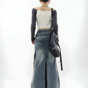 Y2K Denim Cargo Maxi Skirt - Grunge Aesthetic & Coquette Style