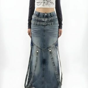 Y2K Denim Cargo Maxi Skirt - Grunge Aesthetic & Coquette Style