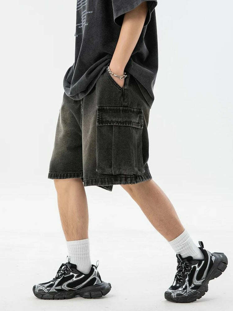 Y2K Denim Drawstring Wide Leg Cargo Shorts for Grunge & Coquette Aesthetic