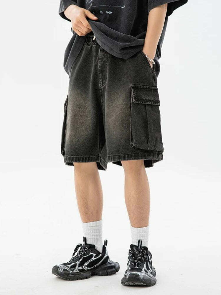 Y2K Denim Drawstring Wide Leg Cargo Shorts for Grunge & Coquette Aesthetic