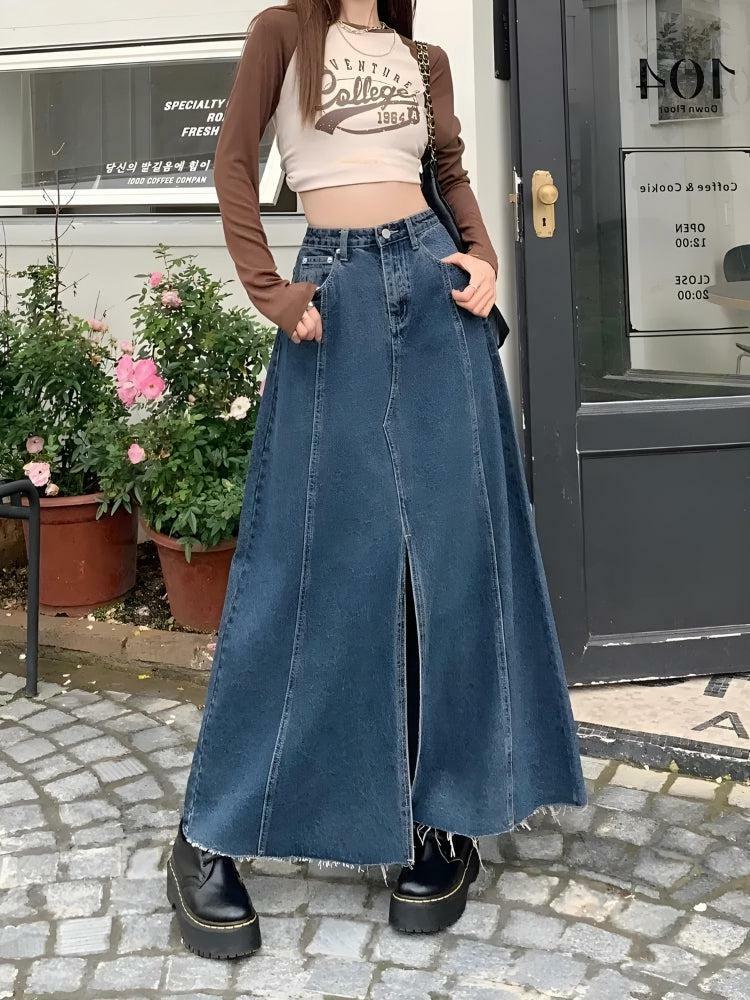 Y2K Denim Slit Frayed Hem Maxi Skirt - Grunge Aesthetic & Cute Tops