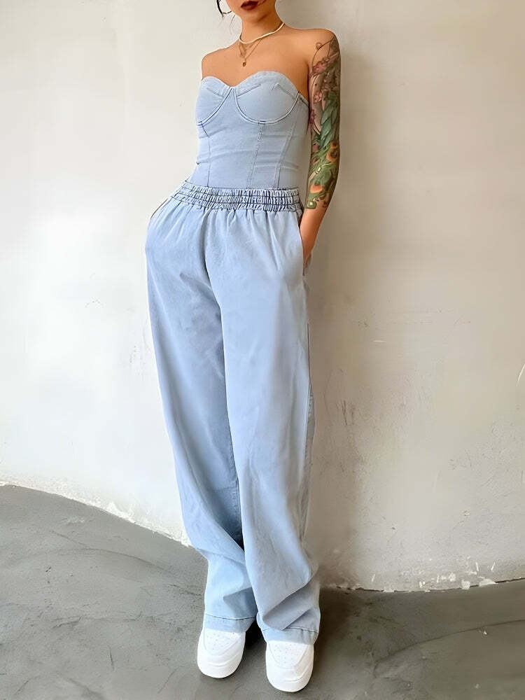 Y2K Denim Top & Pants Set - Cute Grunge Aesthetic Outfit for Trendy Looks