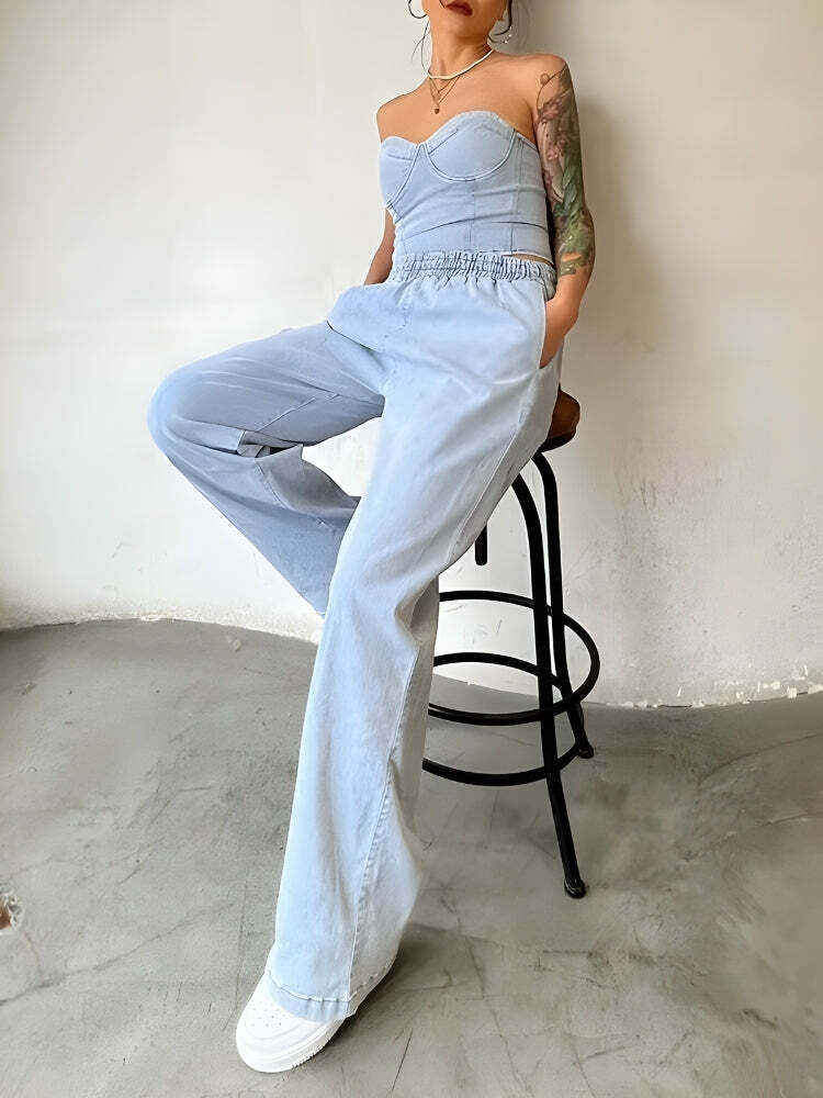 Y2K Denim Top & Pants Set - Cute Grunge Aesthetic Outfit for Trendy Looks