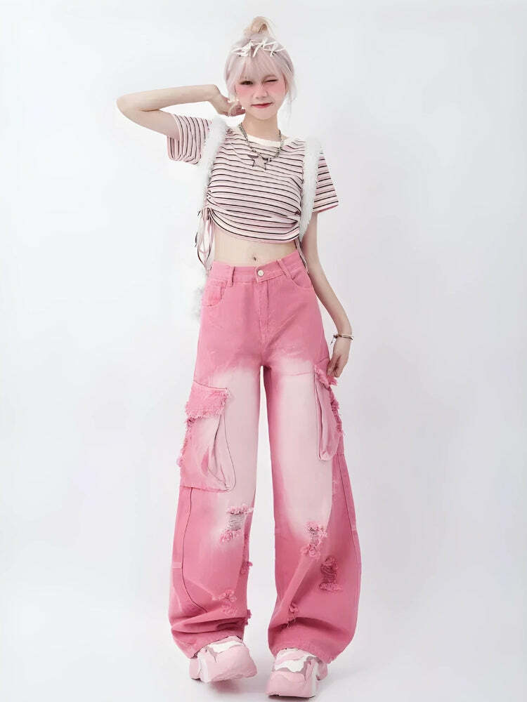 Y2K Distressed Cargo Skirt: Cute Tops & Grunge Aesthetic Outfit