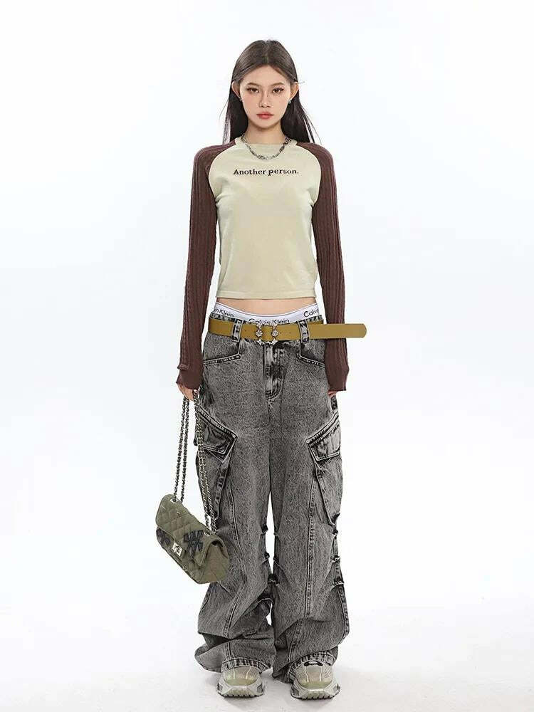 Y2K Distressed Cargo Skirt with Big Pockets for Grunge Aesthetic Outfits