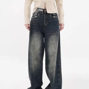 Y2K Distressed Wide Leg Jeans with Pockets for Grunge Aesthetic Style