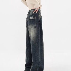 Y2K Distressed Wide Leg Jeans with Pockets for Grunge Aesthetic Style