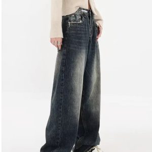 Y2K Distressed Wide Leg Jeans with Pockets for Grunge Aesthetic Style