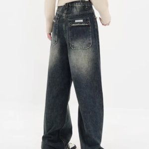 Y2K Distressed Wide Leg Jeans with Pockets for Grunge Aesthetic Style