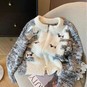 Y2K Dog Embroidered Double Zip-Up Knitted Cardigan for Cute Aesthetic Outfits