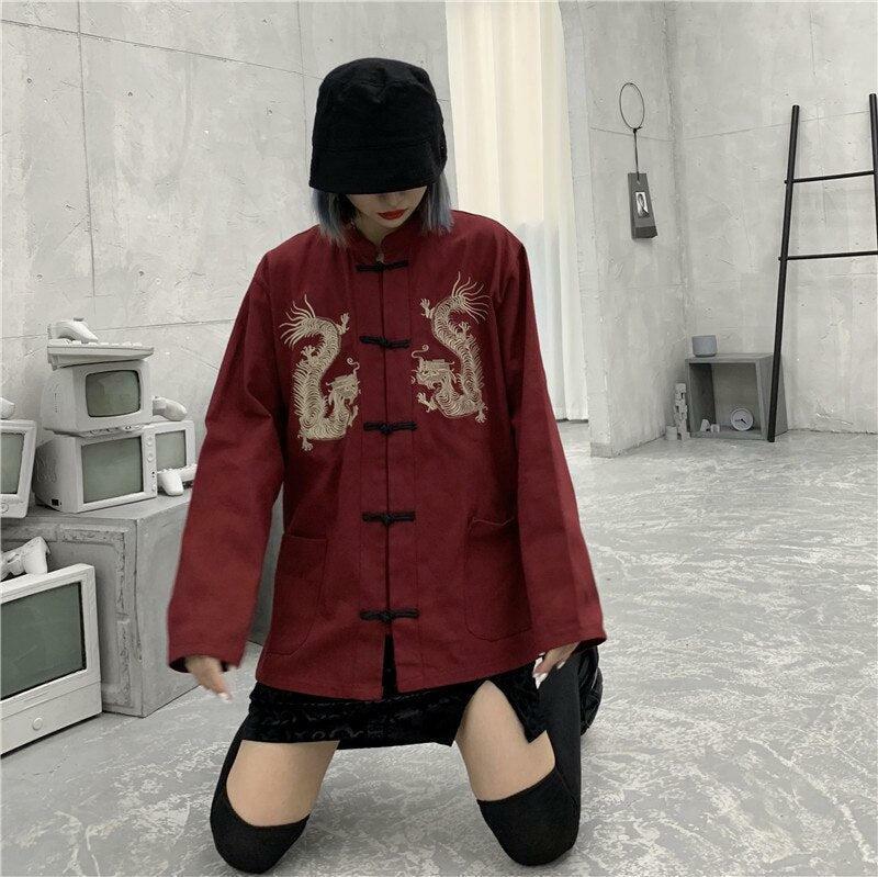 Y2K Dragon Embroidery Mandarin Collar Shirt - Grunge & Coquette Aesthetic