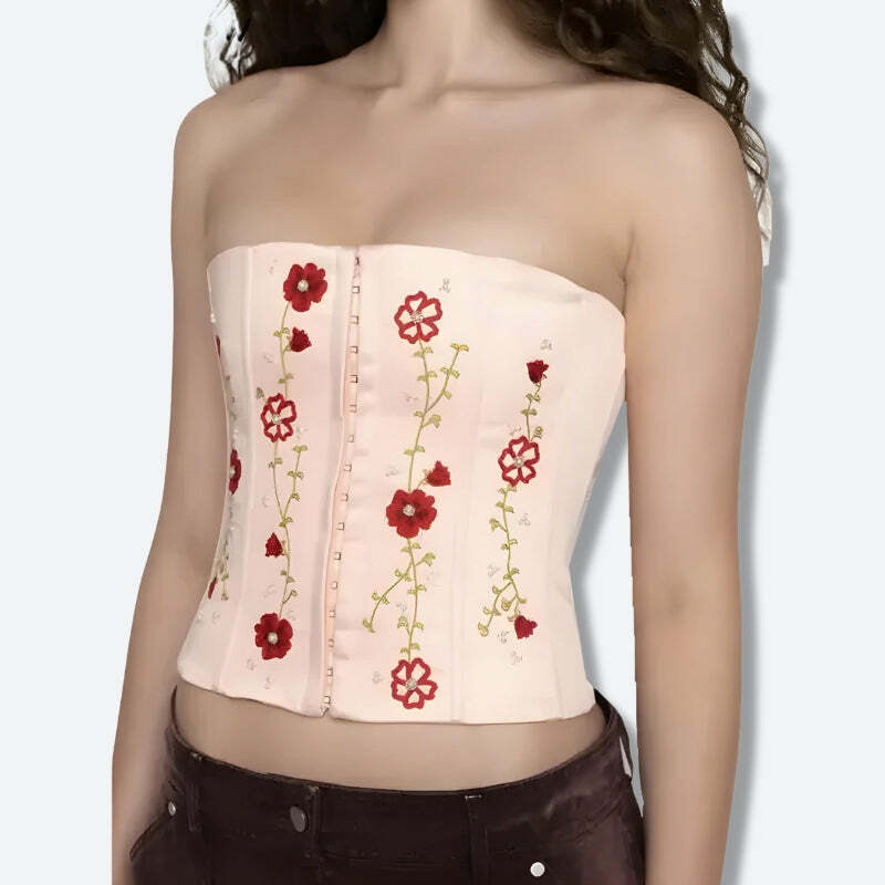 Y2K Embroidered Beaded Corset Top - Cute Pastel Goth & Coquette Aesthetic