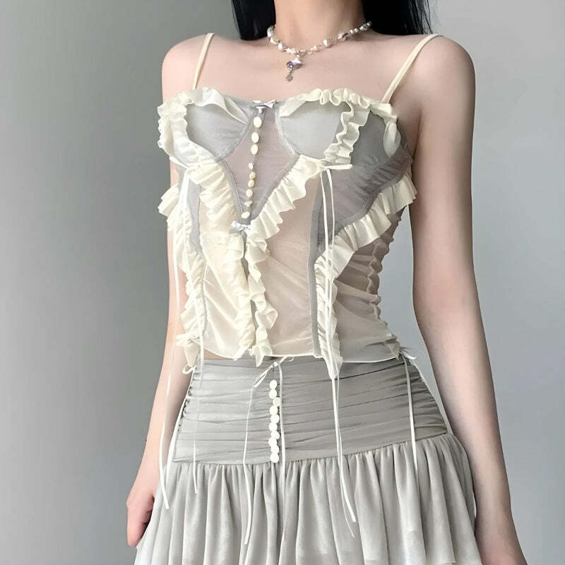 Y2K Fairycore Ruffled Mesh Corset Top - Cute Pastel Goth Aesthetic