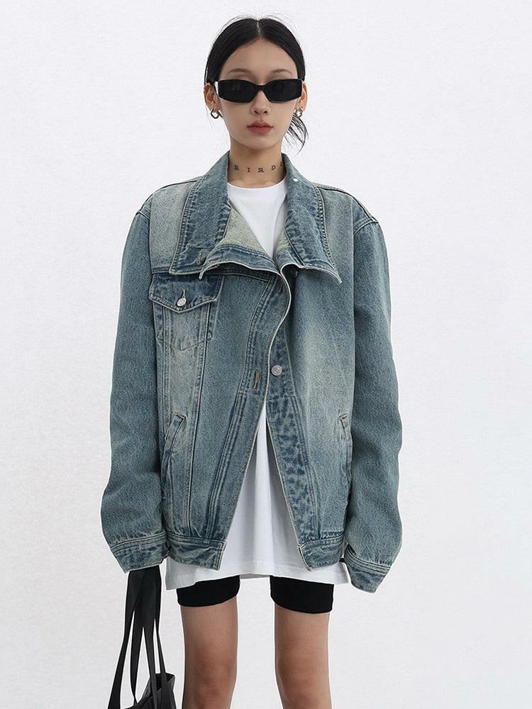 Y2K Fashion Acubi Asymmetrical Denim Jacket - Grunge & Coquette Aesthetic