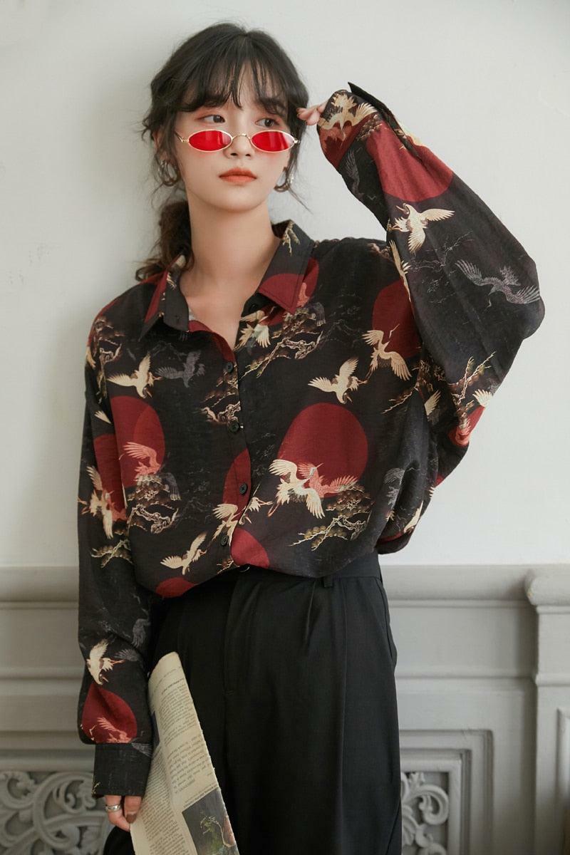 Y2K Fashion Bird Pattern Long Sleeve Shirt - Cute Tops for Aesthetic Vibes