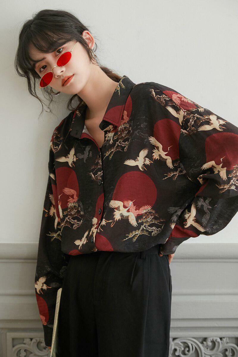 Y2K Fashion Bird Pattern Long Sleeve Shirt - Cute Tops for Aesthetic Vibes