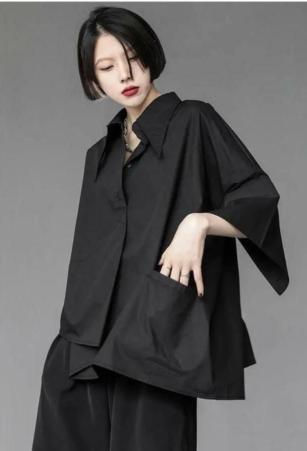 Y2K Fashion Black Korean Asymmetric Shirt - Grunge & Coquette Aesthetic