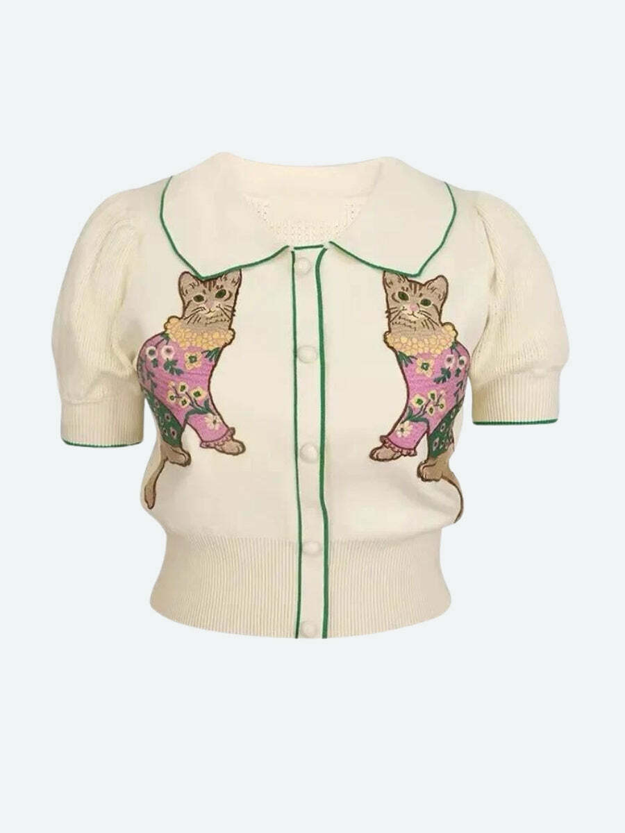 Y2K Fashion Cat Embroidered Sweater - Cute Tops for Coquette Aesthetic