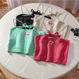 Y2K Fashion Chain Strap Knitted Crop Top - Cute Pastel Goth Aesthetic