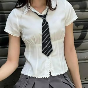 Y2K Fashion College Shirt with Striped Tie - Cute Tops for Aesthetic Outfits