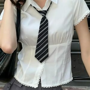 Y2K Fashion College Shirt with Striped Tie - Cute Tops for Aesthetic Outfits