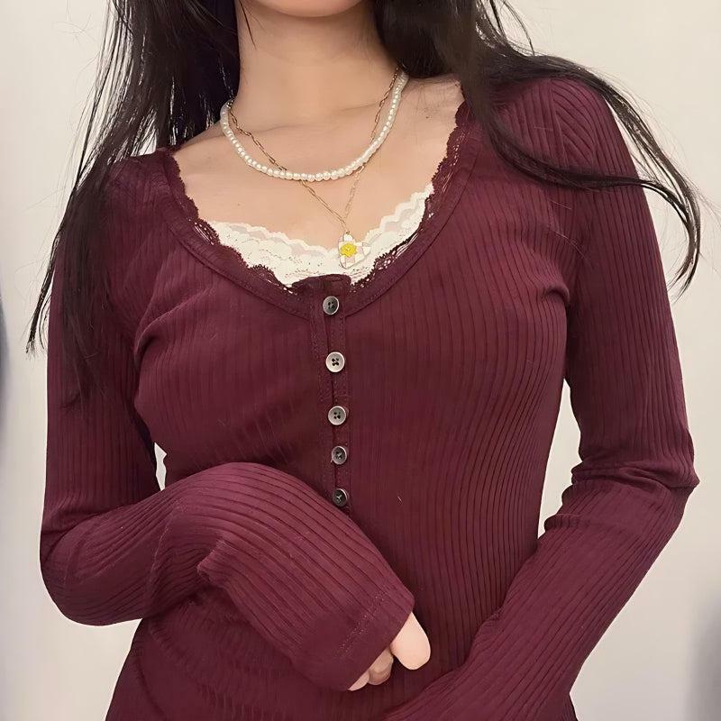 Y2K Fashion Corduroy Lace Trim Top - Cute Pastel Goth Aesthetic