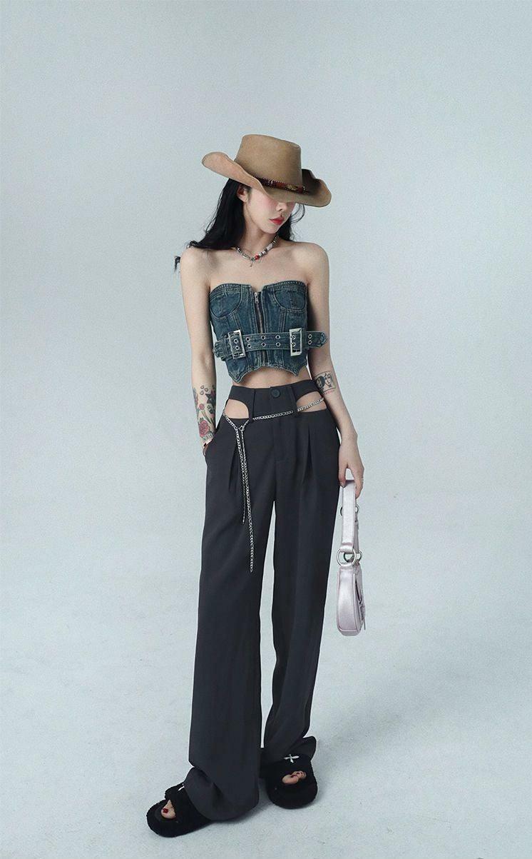 Y2K Fashion Cowgirl Crop Denim Tube Top - Cute Pastel Goth Aesthetic