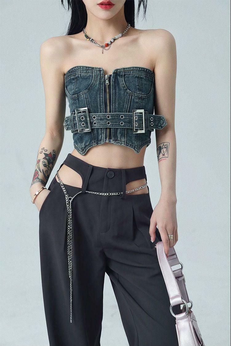 Y2K Fashion Cowgirl Crop Denim Tube Top - Cute Pastel Goth Aesthetic