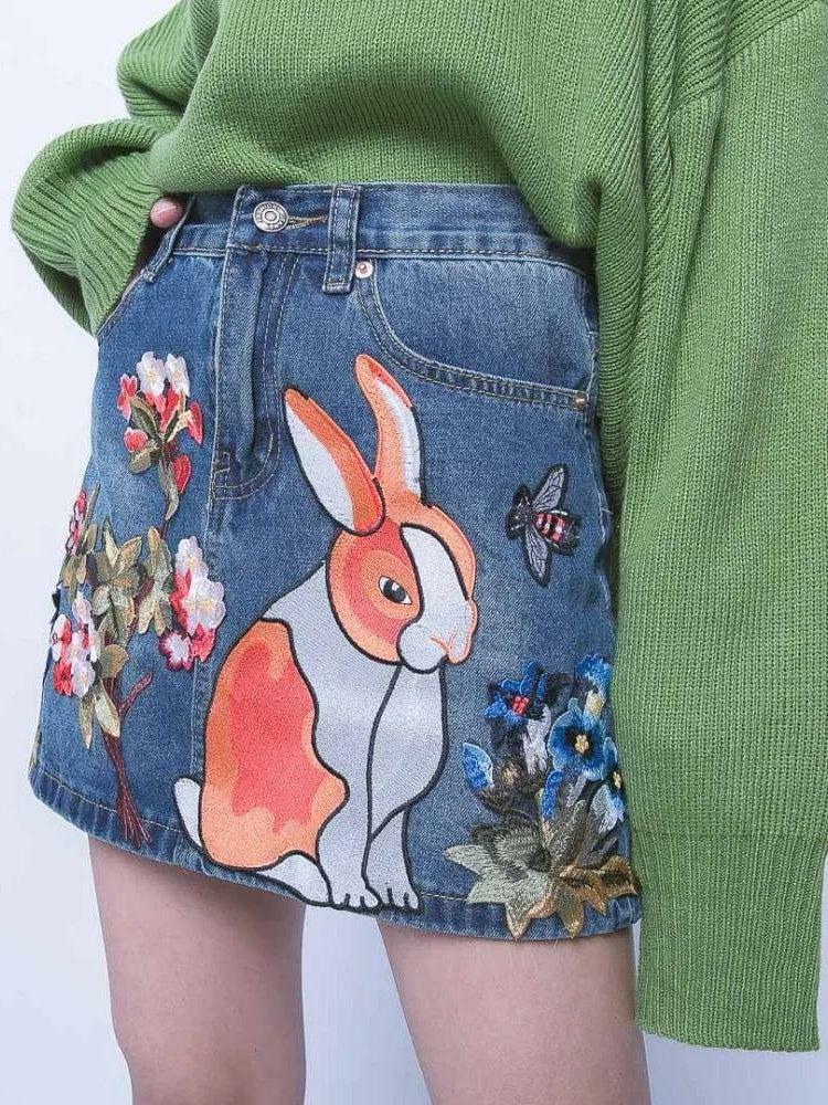 Y2K Fashion Cute Rabbit Denim Mini Skirt - Grunge & Coquette Aesthetic