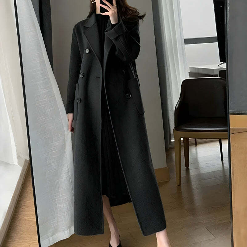 Y2K Fashion Dark Academia Belted Long Coat for Grunge Aesthetic Looks