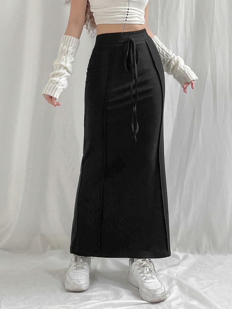 Y2K Fashion Dark Academia Drawstring Maxi Skirt for Aesthetic Outfits