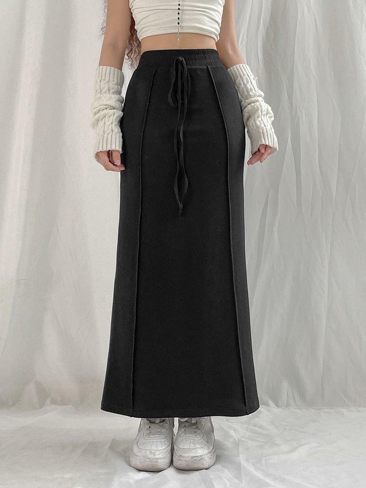 Y2K Fashion Dark Academia Drawstring Maxi Skirt for Aesthetic Outfits