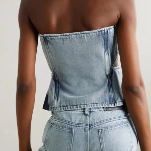 Y2K Fashion Denim Cut Out Tube Top & Patch Jeans Set - Grunge Aesthetic