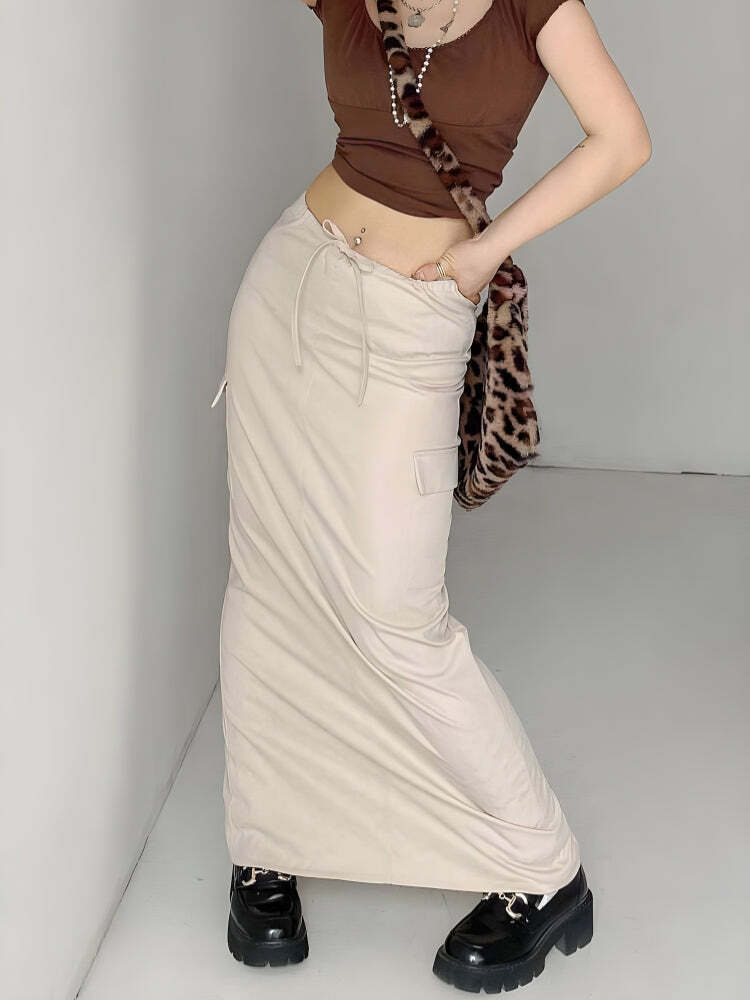 Y2K Fashion Drawstring Waist Parachute Maxi Skirt - Grunge & Coquette Aesthetic