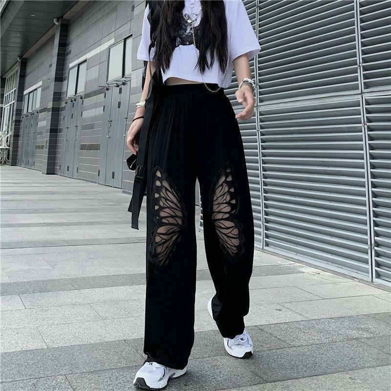 Y2K Fashion Elasticated Waist Butterfly Cut-Out Pants for Aesthetic Looks