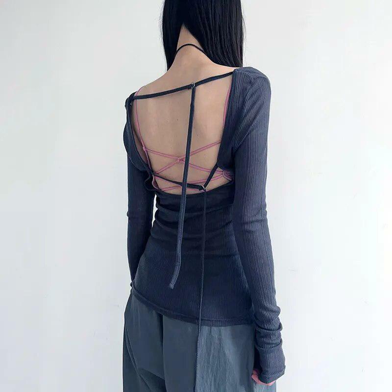 Y2K Fashion Knitted Mesh Backless Top - Cute Pastel Goth Aesthetic