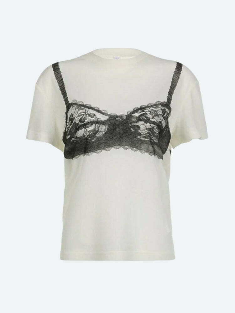 Y2K Fashion Lace Bra Tee - Cute Tops for Coquette & Grunge Aesthetic