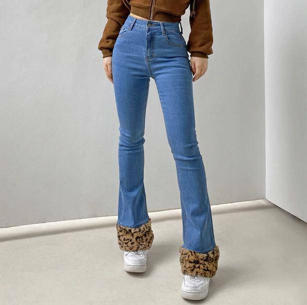 Y2K Fashion Leopard Cuffed Jeans - Grunge Aesthetic Cute Tops Outfit