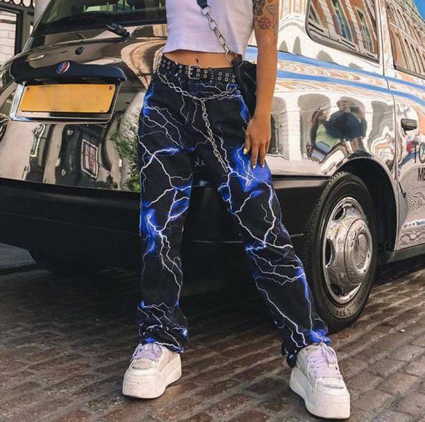 Y2K Fashion Lightning Pants: Grunge Aesthetic & Cute Tops Combo