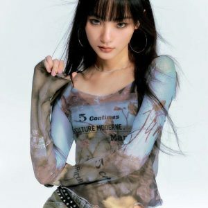 Y2K Fashion Nature Mesh Top: Cute Pastel Goth & Grunge Aesthetic Style