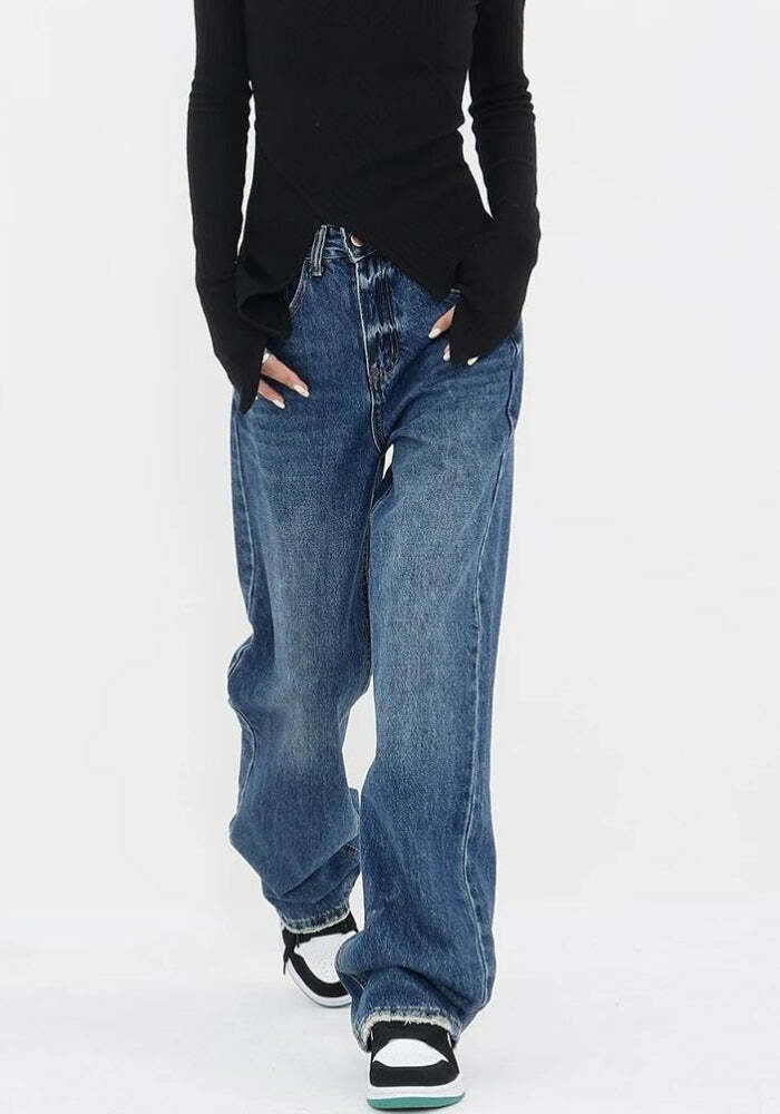 Y2K Fashion Patch Pocket Straight Leg Denim Jeans for Grunge Aesthetic