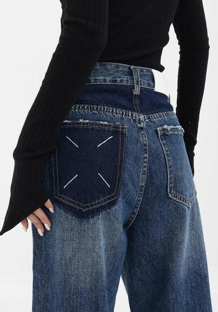 Y2K Fashion Patch Pocket Straight Leg Denim Jeans for Grunge Aesthetic