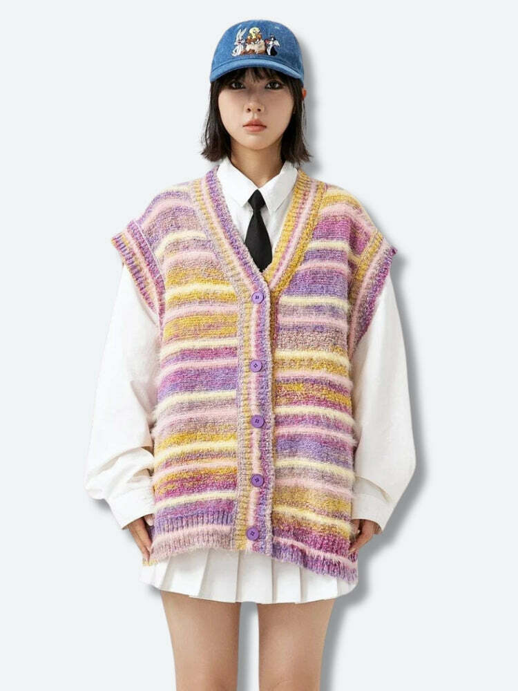 Y2K Fashion Plush Knitted Cardigan Vest - Cute Tops for Coquette Aesthetic