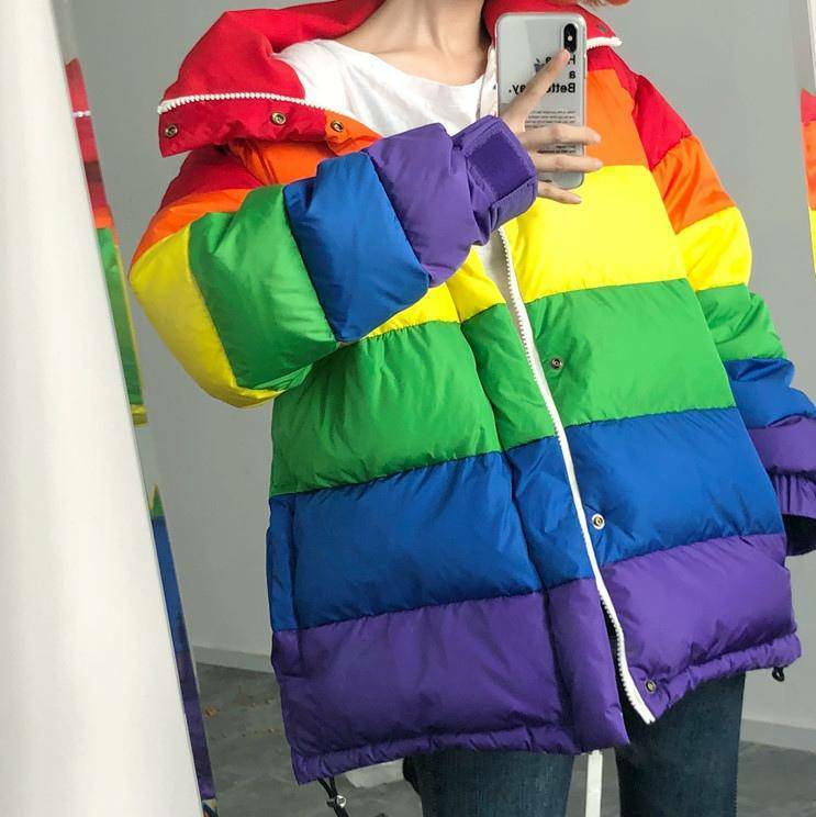 Y2K Fashion Puffy Rainbow Jacket - Cute Tops for Coquette & Grunge Aesthetic