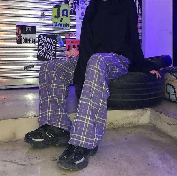 Y2K Fashion Purple Checkerboard Pants - Grunge Aesthetic Cute Tops