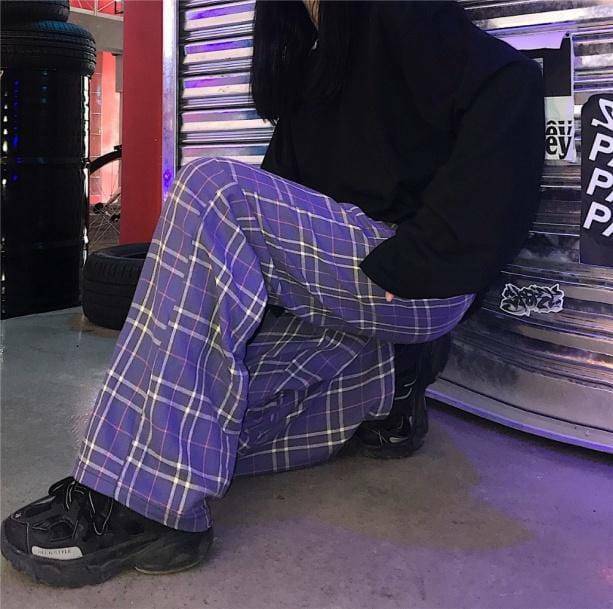 Y2K Fashion Purple Checkerboard Pants - Grunge Aesthetic Cute Tops