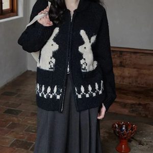 Y2K Fashion Rabbit Knitted Zip Cardigan - Cute Tops for Coquette Aesthetic