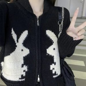 Y2K Fashion Rabbit Knitted Zip Cardigan - Cute Tops for Coquette Aesthetic