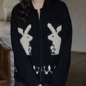 Y2K Fashion Rabbit Knitted Zip Cardigan - Cute Tops for Coquette Aesthetic